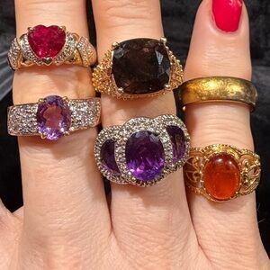 6 Vintage Cocktail Rings Mixed Sizes, Stones, 925, Gold Plated and HGE